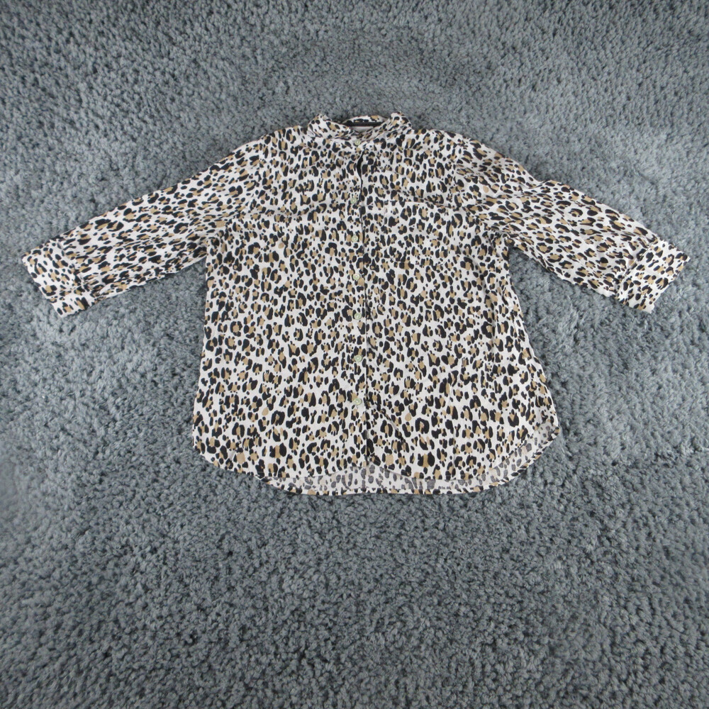 Chicos Shirt Womens 1 US 8/10 White Black Tan Leopard Linen 3/4 Sleeve Button Up
